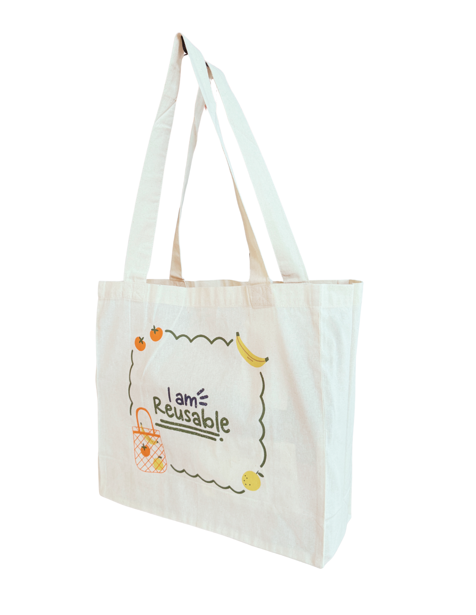The "I am Reusable" - Natural 100% Calico Cotton Tote Bag with Gusset