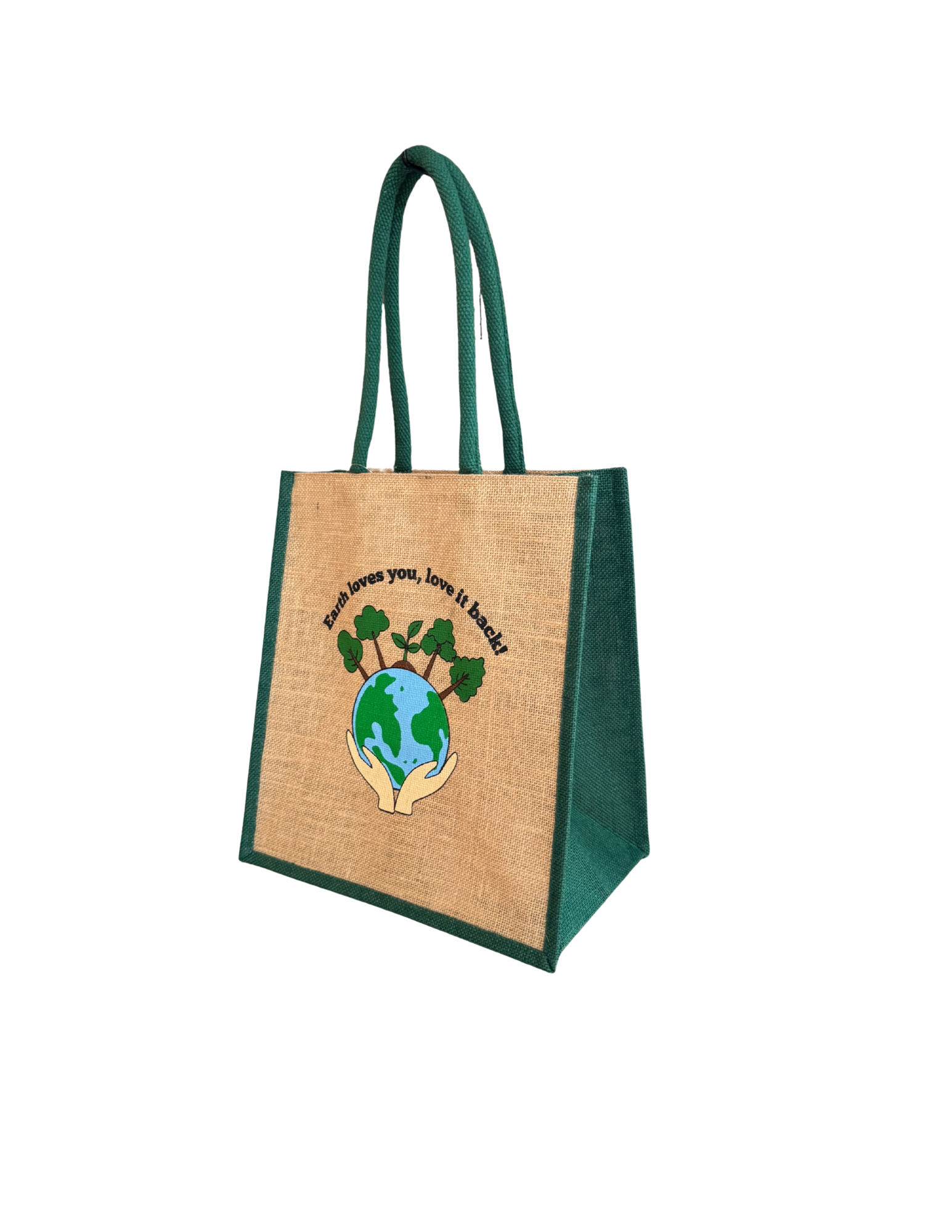 The "Earth loves you, love it back!" - Natural Jute Shopping Bag with Green Gusset