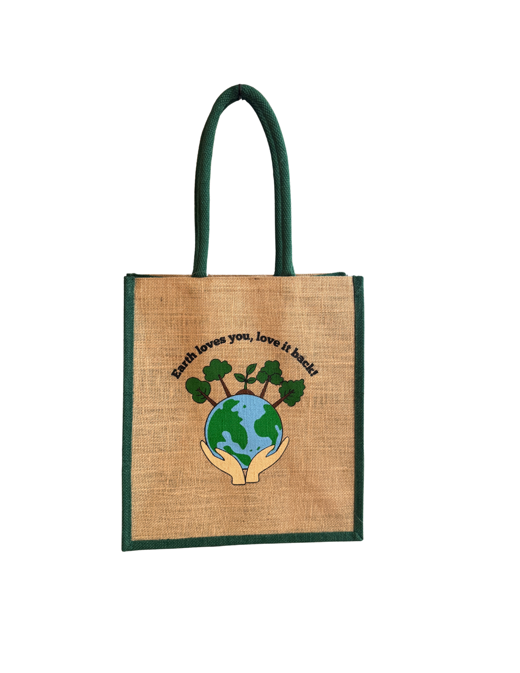 The "Earth loves you, love it back!" - Natural Jute Shopping Bag with Green Gusset
