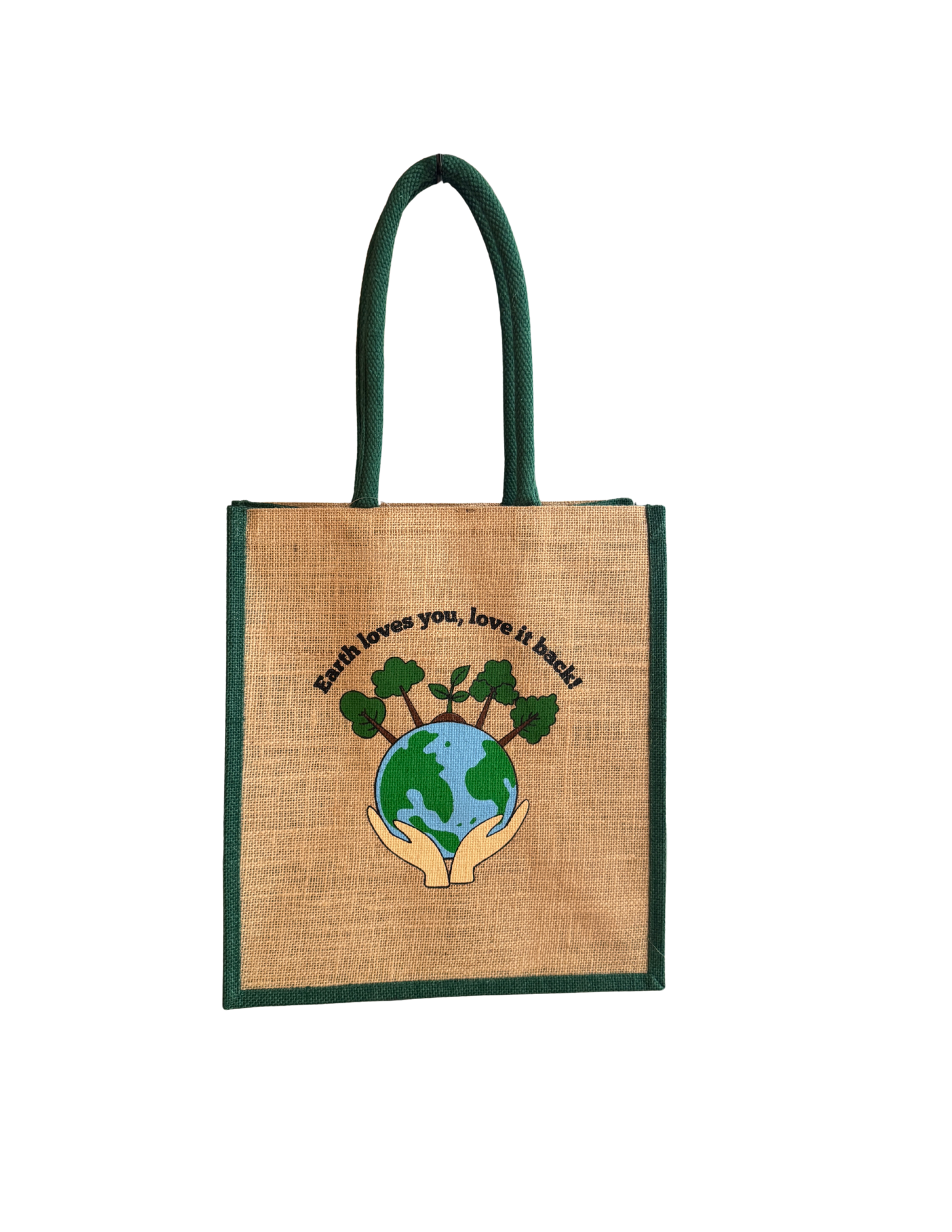 The "Earth loves you, love it back!" - Natural Jute Shopping Bag with Green Gusset
