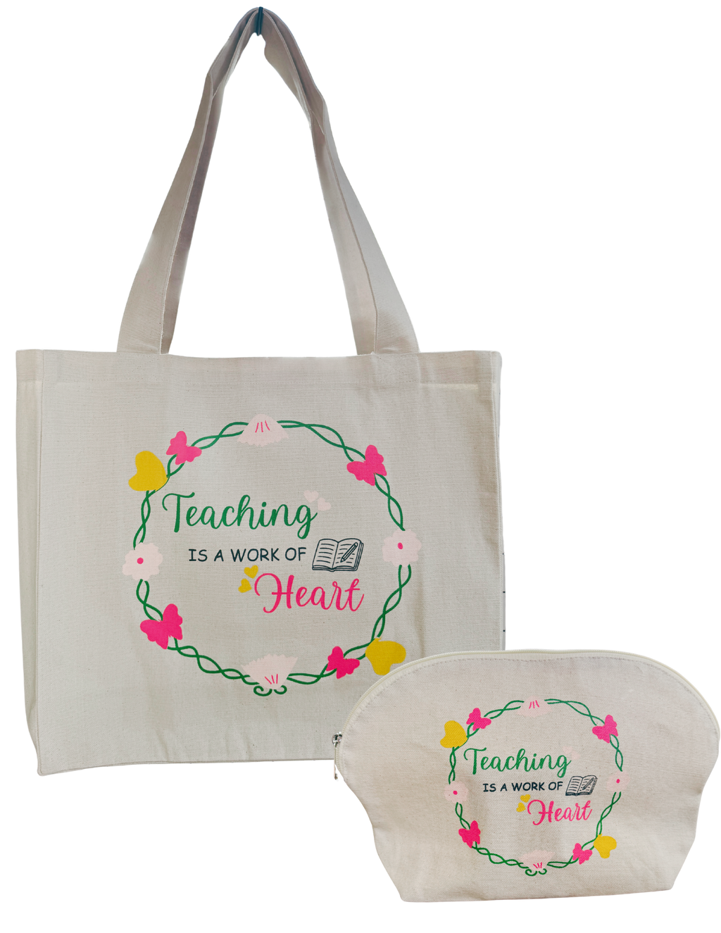 The "Teaching is a work of heart" - Natural Cotton Canvas Tote Bag with Gusset and Pouch - Gift Set